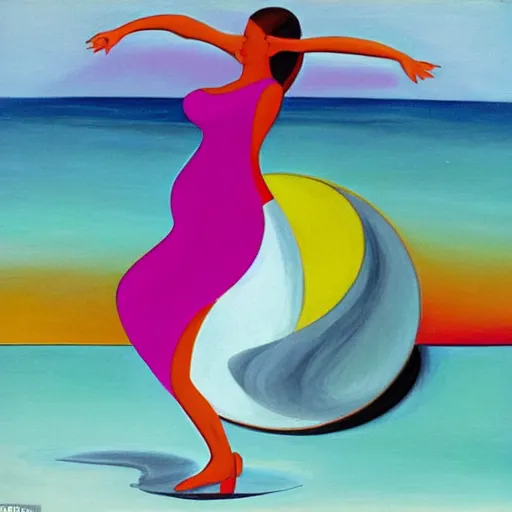 Prompt: woman dancing in a ying yang by the ocean while the waves crash on the seashore, high quality art in the style of cubism and geogia o keefe
