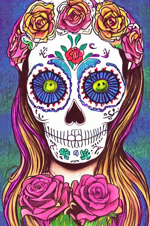 Image similar to illustration of a sugar skull day of the dead girl, art by peter paul rebens