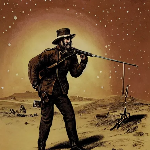 Prompt: 19th century scruffy american trapper aiming a rifle, on mars, pulp science fiction illustration