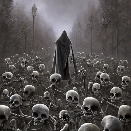 Image similar to a grim reaper, with a skeleton army, surrounded by magic, hd, by stefan koidl