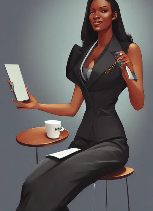 Image similar to detailed digital painting of beautiful black woman in corporate attire cell phone and steaming coffee mug, fanart behance trending on artstation, concept art, matte, sharp focus, illustration, corner office background, hearthstone, art by artgerm and greg rutkowski and alphonse mucha