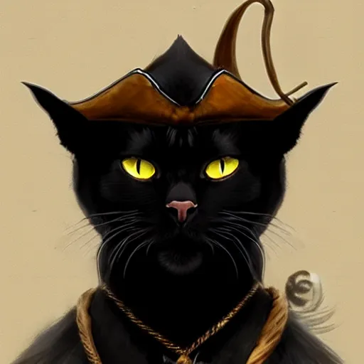 Prompt: black burmese cat in pirate clothes, grumpy, artstation, fantasy