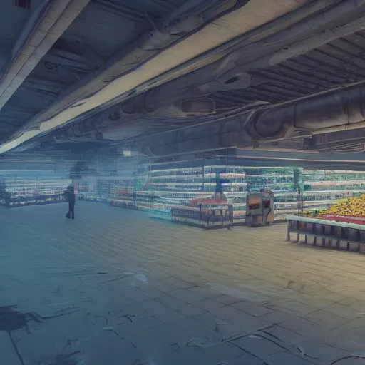 Prompt: grocery store aisle at the bottom of the ocean, cinematic movie scene, 60mm wide shot, precise architectural rendering, concept art, unreal engine, octane render, god rays