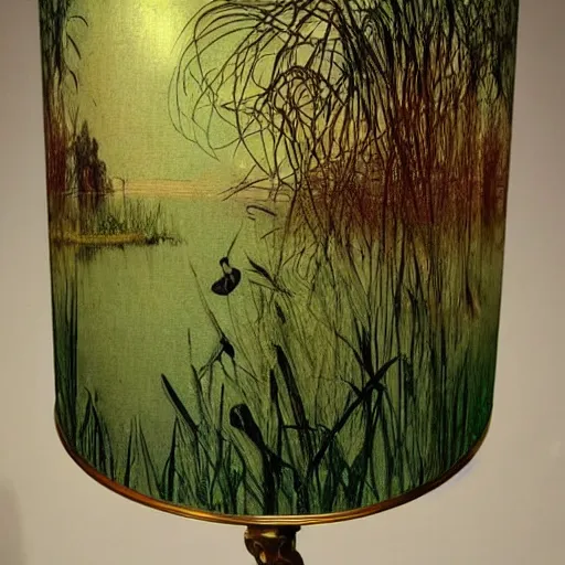 Image similar to beautiful victorian art nouveau duck lampshade, river reeds duckweeds, mucha kilian eng