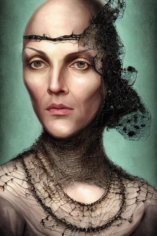 Prompt: portrait, headshot, digital painting, of a 17th century, beautiful, middle aged, middle eastern, wrinkles, decadent, cyborg noble woman, dark hair, piercings, spiderweb of network cables for hair, amber jewels, baroque, ornate dark green opulent clothing, scifi, futuristic, realistic, hyperdetailed, concept art, chiaroscuro, rimlight, art by syd mead