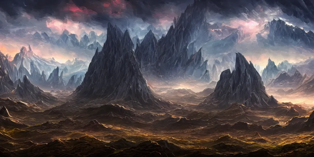 Image similar to The eldritch sky landscape with mountains in the background, Sci-Fi fantasy desktop wallpaper, painted, 4k, high detail, sharp focus