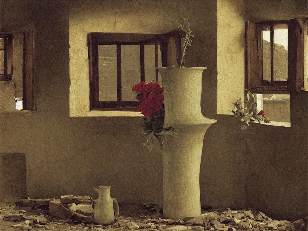 Image similar to Old ravaged house without a roof in which it snows inside. Melancholy man. Vase with wilted flowers. Painting by Georges de la Tour, Alex Colville