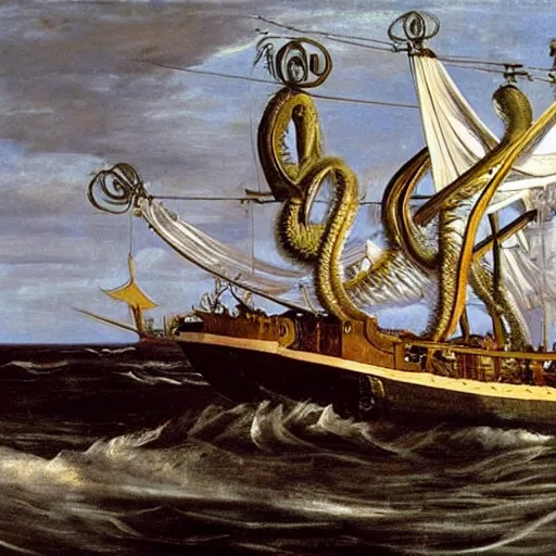 Image similar to Kraken pulling steam boat into the sea. painted by caravaggio. High quality.