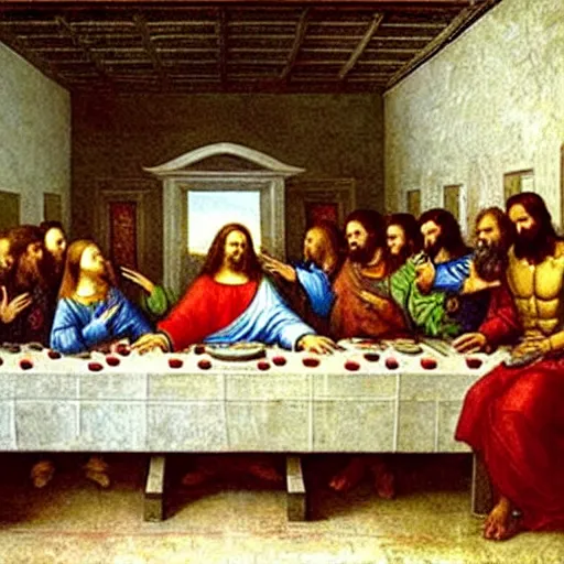 Prompt: last supper painting by leonardo da vinci but with Iron Man as Jesus