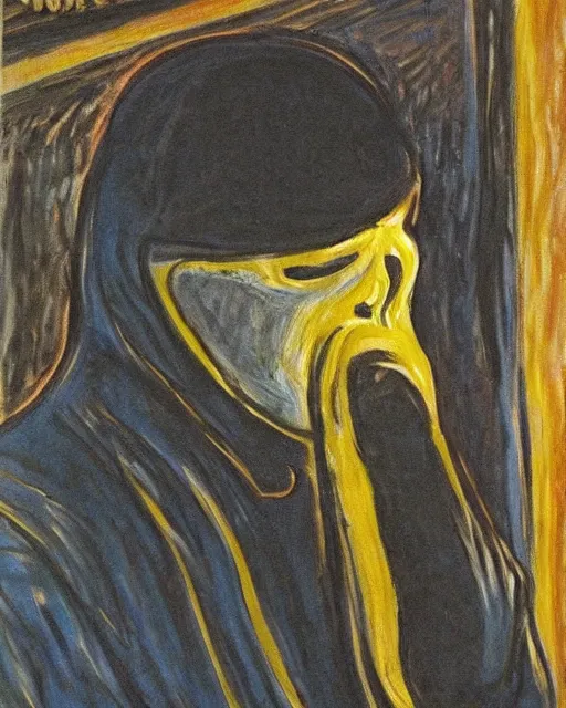 Image similar to a painting of ghostface in the scream by edvard munch