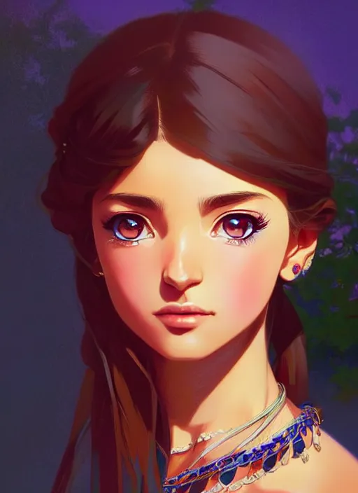 Image similar to a comic portrait of an gypsy girl, fine - face, cel shaded perfect face, fine details, jewelry, night setting. very anime style. realistic shaded lighting poster by ilya kuvshinov katsuhiro, magali villeneuve, artgerm, jeremy lipkin and michael garmash, rob rey and kentaro miura style, trending on art station