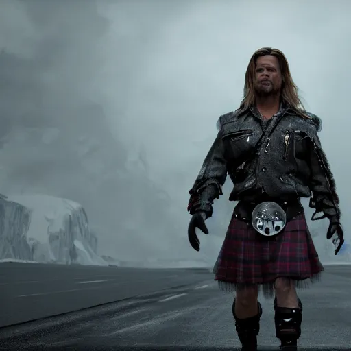 Prompt: Brad Pitt in a kilt warrior, trending on artstation, punk attitude, 4k, unreal engine 5, octane render, neon highlights