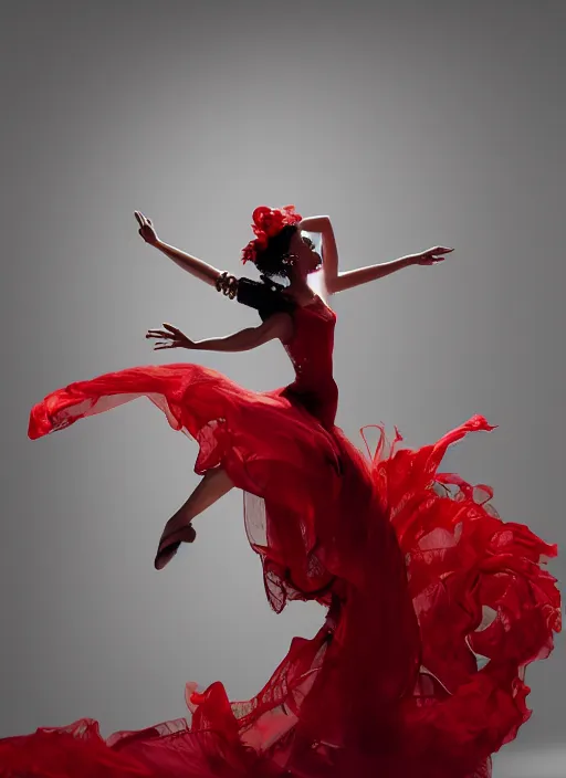 Image similar to a Photorealistic dramatic hyperrealistic render of a glamorous beautiful Mexican Catrina smoke dancer wearing red by Ken Brower and Deborah Ory of NYC Dance project,Lois Greenfield,Flowing cloth and smoke,Beautiful dynamic dramatic dark moody lighting,volumetric,shadows,cinematic atmosphere,Octane render,8K