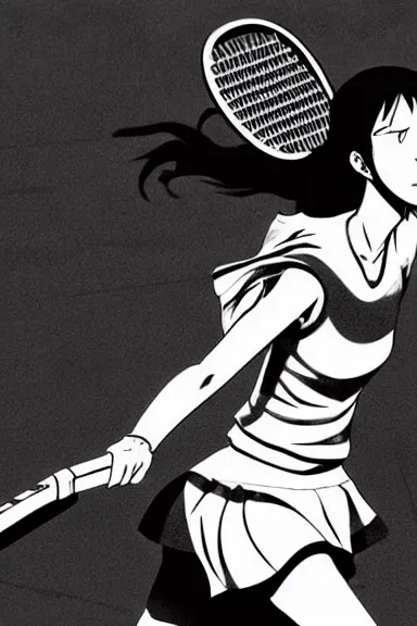 Image similar to slim girl playing tennis, black and white artwork in manga style, made by kentaro miura