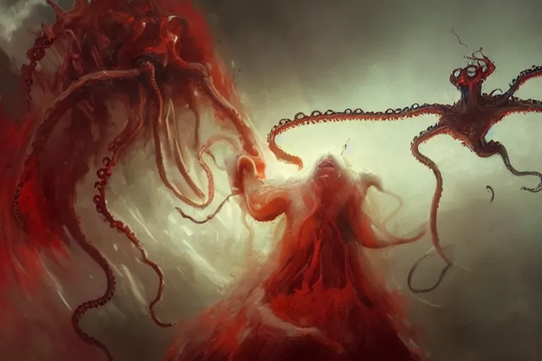 Image similar to painting by greg rutkowski of a flying crying human head and face that is chalk white in color, with tentacles coming of the neck, fiery red eyes, flying in a terrying hell like cavernous place