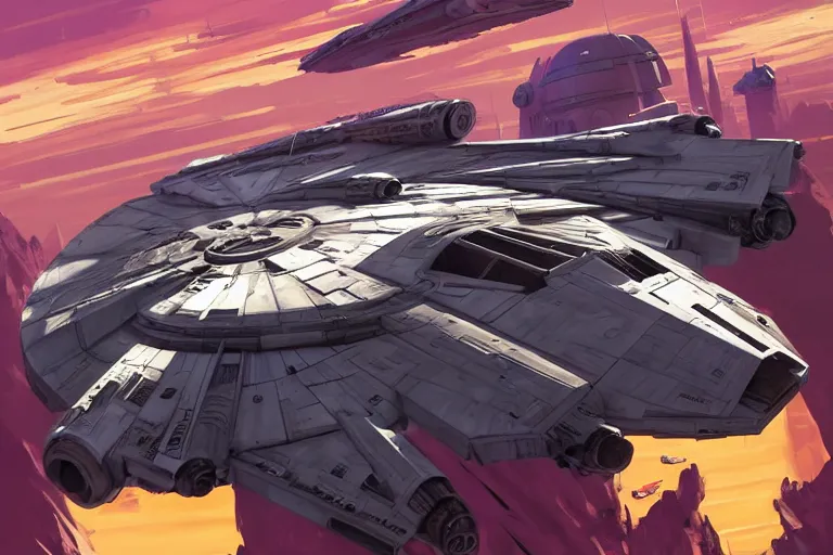 Image similar to parked star wars millenium falcon, art gta 5 cover, official fanart behance hd artstation by jesper ejsing, by rhads, makoto shinkai and lois van baarle, ilya kuvshinov, ossdraws, borderlands, by feng zhu and loish and laurie greasley, victo ngai, andreas rocha, john harris