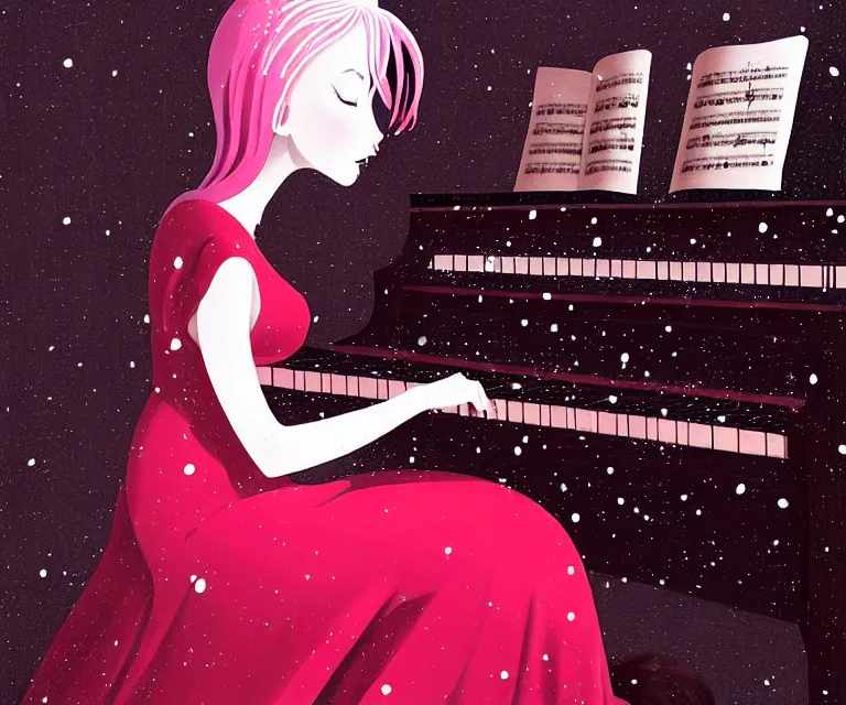 Image similar to a painting of a beautiful face gothic girl, pink hair in a stunning red dress playing a piano in the dark snowy forestby randolph stanley hewton, cg society contest winner, matte painting studio ghibli, fantasy, medium shot, asymmetrical, intricate, elegant, matte painting, illustration