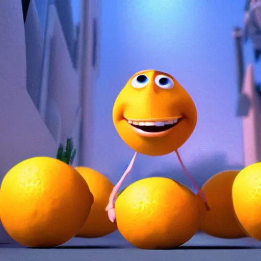 Image similar to a cinematic film still from a 2010 Pixar movie about anthropomorphic lemons, in the style of Pixar, shallow depth of focus