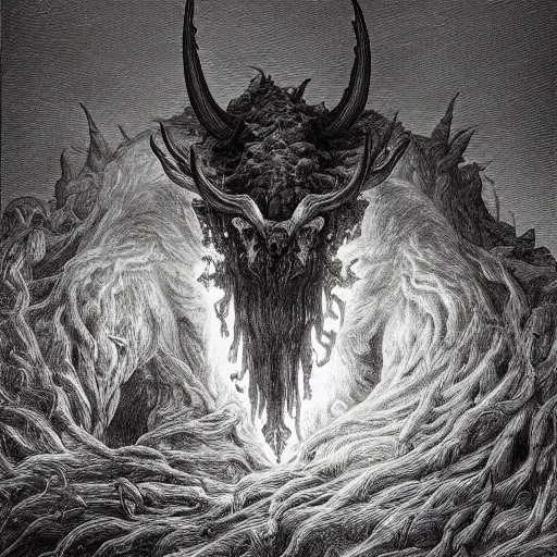 Prompt: full body of horned muscled humanoid beast, 3/4 view from below, engulfed in swirling flames, grayscale drawing by Gustave Dore and Anato Finnstark