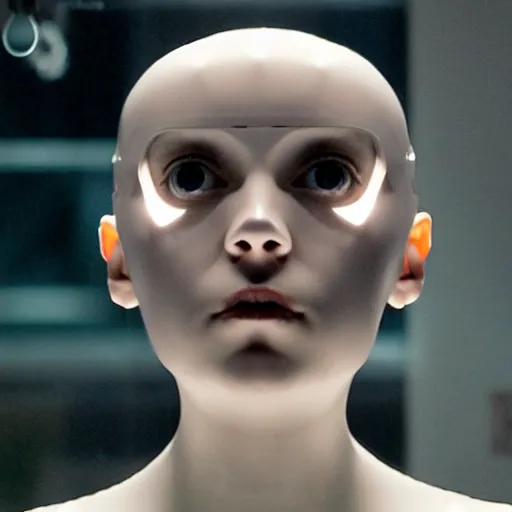 Prompt: humanoid robot from ex machina, glass forehead, transparent, see - through, gears and lights, cinematography by stanley kubrick, intricate, elegant, symmetry