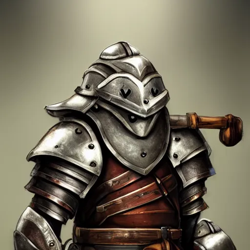 Prompt: humanoid pig wearing iron armor and halmet, holding a sword, digital art, highly detailed, dungeons and dragons avatar portrait, trending on artstation