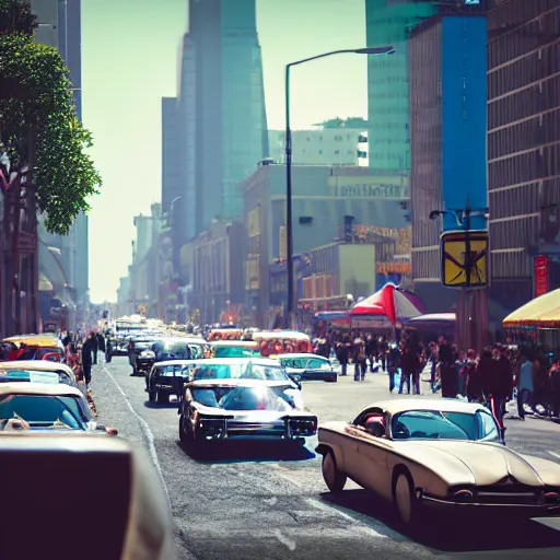 Image similar to street scene, retro futuristic vintage shiny polished traffic mainly cars and motorcycles, volumetric lighting, beautiful, day time, spring, sunny weather, sharp focus, highly detailed, photorealistic, 4 0 0 0 k, f 1. 4, cgsociety
