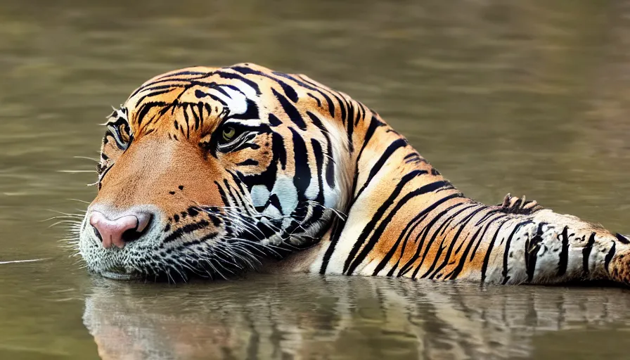 Image similar to an alligator tiger!!! hybrid! hyper realistic!! realistic lighting!! wildlife photographer of the year!!! bold natural colors, national geographic, hd, wide angle, 8 k