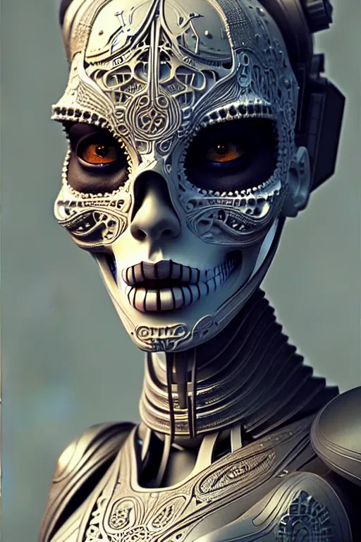 Image similar to ultra detailed Female Android deity, scifi, octane render, clay render, (dia de los muertos), asymmetrical, intricate concept art, art by artgerm and DZO and greg rutkowski and loish and WLOP