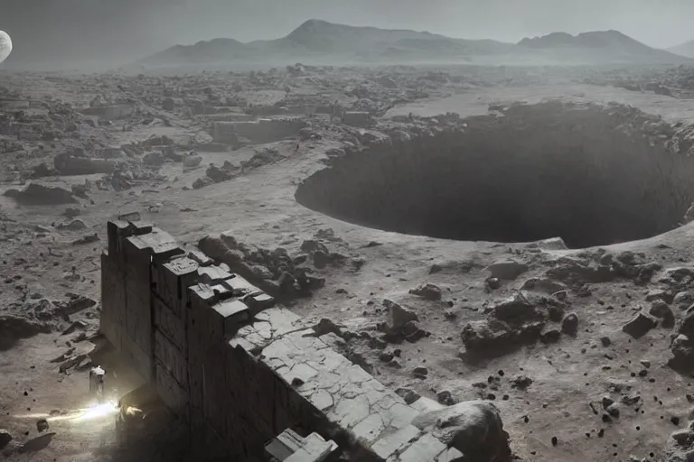 Image similar to cinematic image of a large lunar base inside a crater, brutalist architecture, 1950s sci-fi, art by greg rutkowski and ruan jia and Daytoner