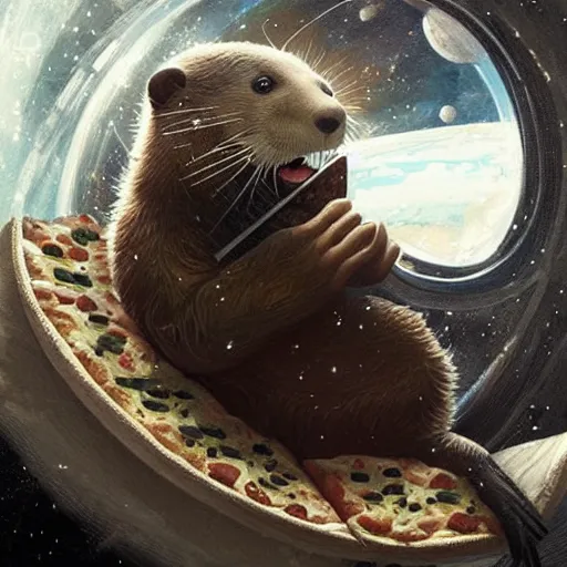 Prompt: an otter astronaut eating pizza in space,digital art,art by greg rutkowski