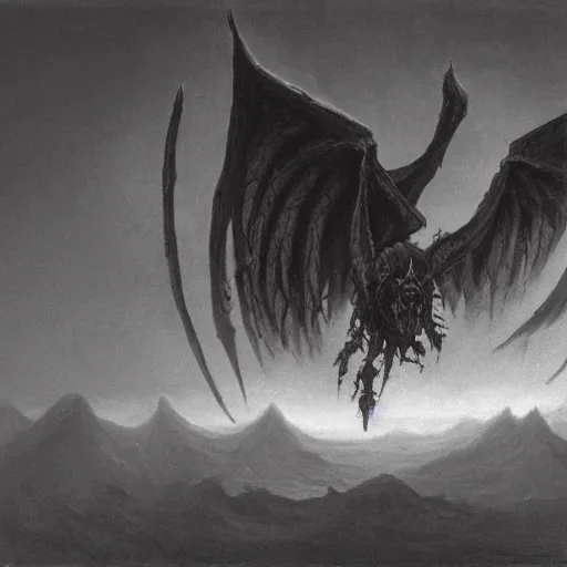 Prompt: a closeup of a creepy, flying deathwing in the style of Zdzisław Beksiński