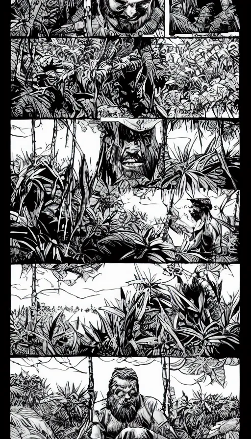 Image similar to multi - panel page from a highly detailed horror comic. a handsome rugged bearded man treks through a jungle wearing a backpack. rainforest. distant mountains. ink.