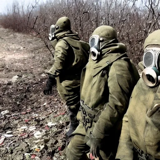 Prompt: russian soldiers in gas masks found the last surviving ukrainian after a nuclear war