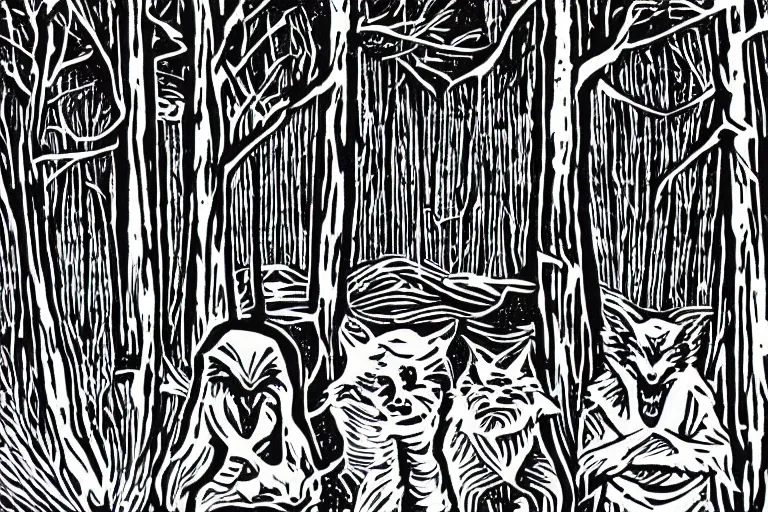 Prompt: werewolves in a winter forest, reaction diffusion linocut