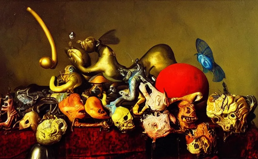 Image similar to disturbing colorful oil painting dutch golden age vanitas still life with grotesque bizarre objects strange gooey surfaces shiny metal rubber bizarre insects rachel ruysch dali todd schorr very detailed perfect composition rule of thirds masterpiece canon 5 0 mm, cinematic lighting, photography, chiaroscuro, film, kodachrome
