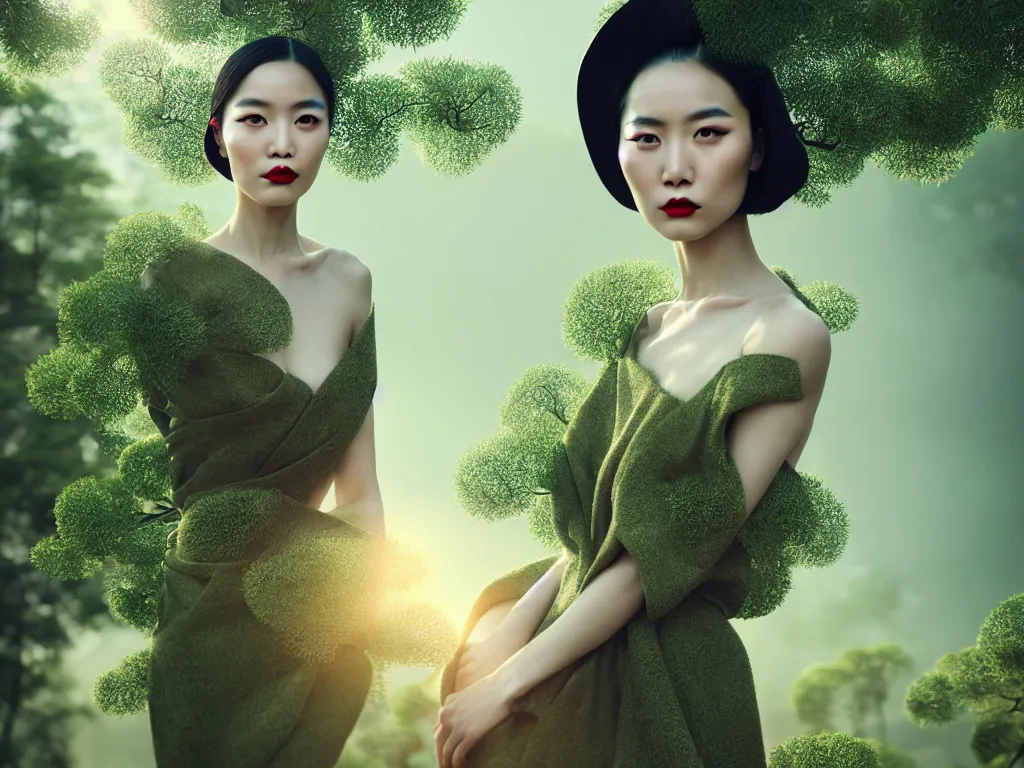 Image similar to innovative avant-garde art, deco fashion, asian women, highly detailed, photorealistic portrait, serene forest setting, crisp quality and light reflections, octane render