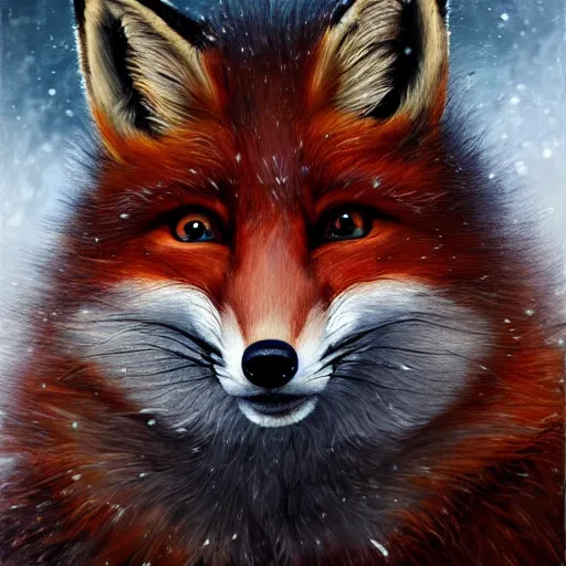 Image similar to a furious fox wizard, snowy background, oil on canvas, intricate, portrait, 8k highly professionally detailed, HDR, wizard hat, CGsociety