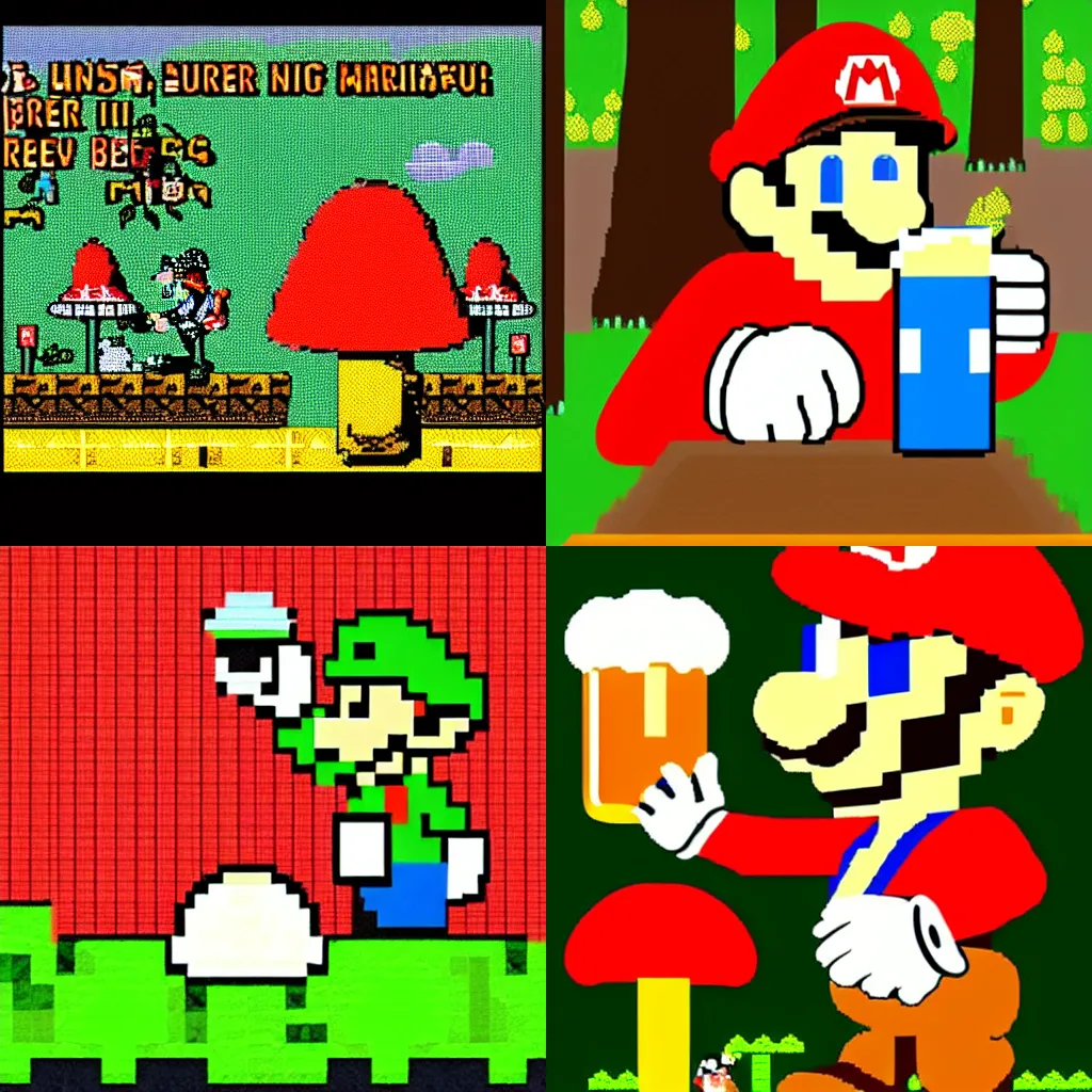 Image similar to beer, drunk mario drinks beer in forest with mushrooms and big fly agaric, 8 bit