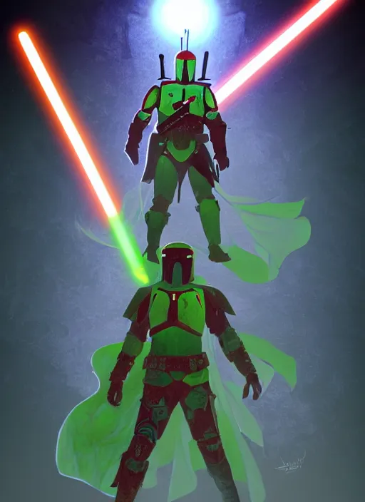 Prompt: arcane wizard x boba fett, digital art, character mashup, epic volumetric lighting, combination art