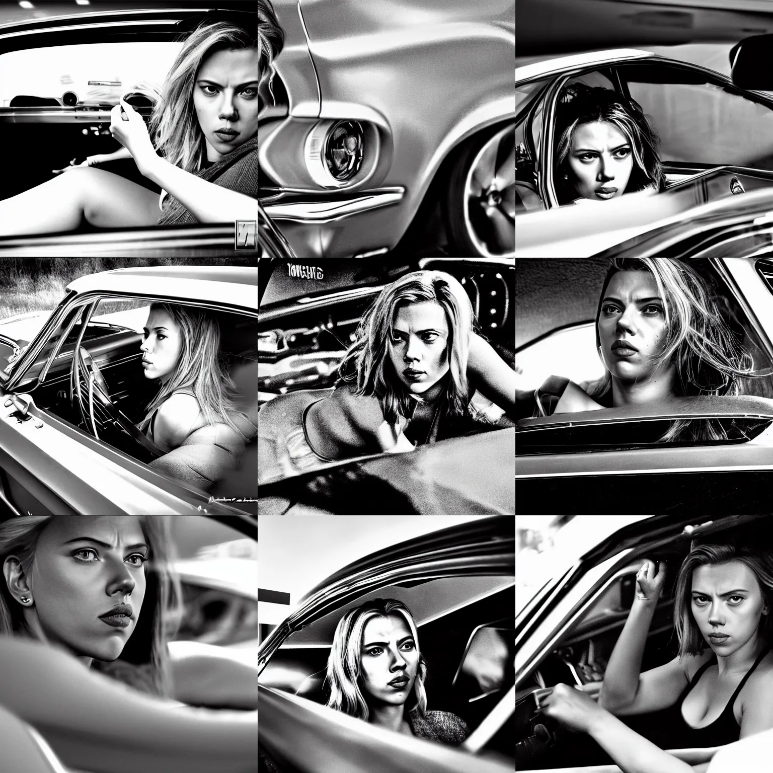 Prompt: angry scarlett johansson driving 1 9 6 7 ford mustang, detail portrait, dramatic lighting hyper detail, black and white, full body profile, wide angle lens