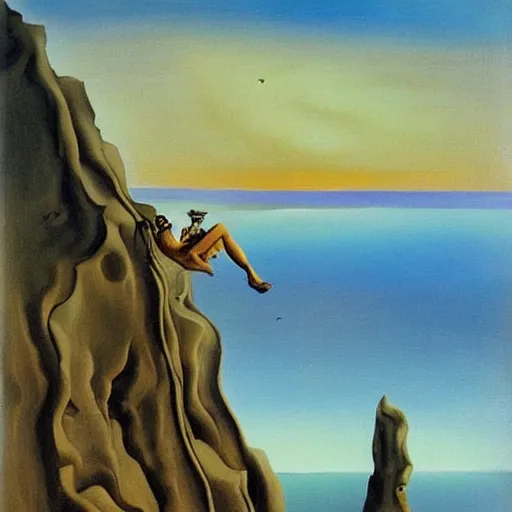 Image similar to An abstract oil painting of rock climbing by Salvador Dali, sunrise, scenic