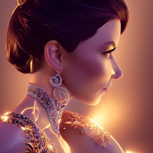 Image similar to portrait of wonderful princess of diamond with fair skin, ornate with diamonds, 8 k, gorgeous, intricate, detailed, glowing white accent lighting, dramatic lighting, octane render