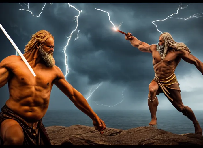 Image similar to photo of zeus throwing lightning spear at chronos. mythology style. highly detailed 8 k. intricate. lifelike. soft light. sony a 7 r iv 5 5 mm. [ cinematic post - processing ].