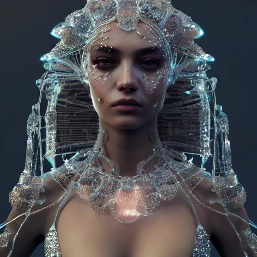 Image similar to full body detailed, ethereal, biomechanical, covered in diamonds and other gems glowing, highly detailed face, elegant posed, intricate, extremy detailed, beeple, cgsociety, 3 d unreal engine octane render. cinematic lighting, highly detailed 4 k art