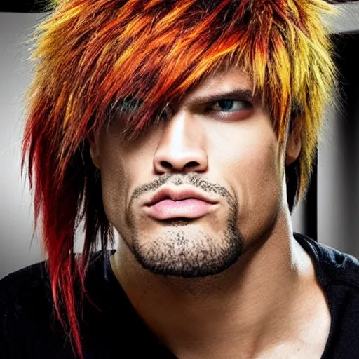 Prompt: photo The Rock emo hair