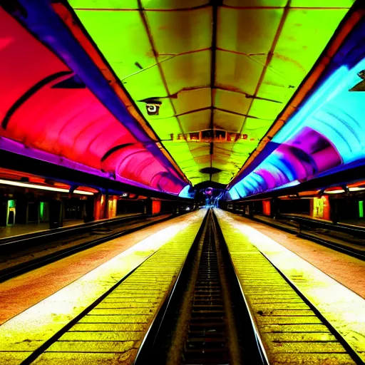 Prompt: underground train station, futuristic, neon colours, highly saturated, high def, 8 k, hd, highly detailed,