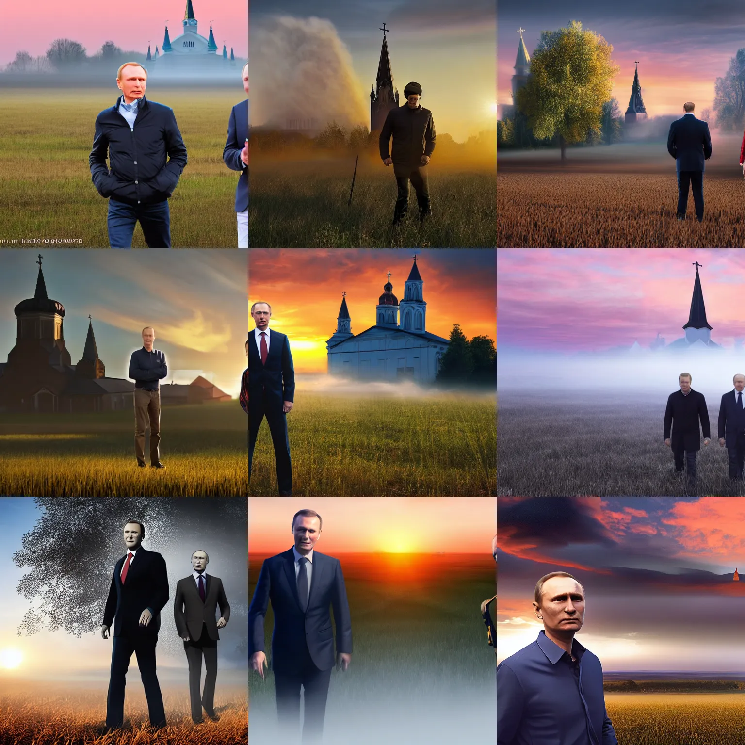 Prompt: alexei navalny with vladimir putin together in the ukranian field, sunset, church in the background, volumetric fog, realistic, 8k, detailed