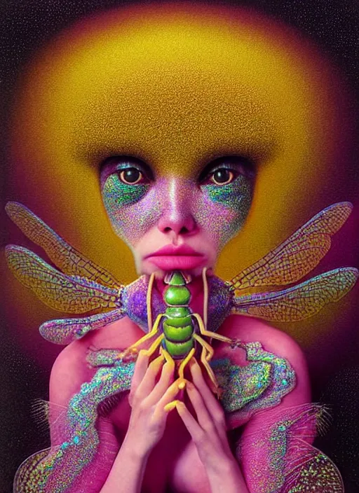 Prompt: hyper detailed 3d render like a Oil painting - kawaii half visceral portrait Aurora (gold haired Singer Praying Mantis Dragonfly) seen Eating of the Strangling network of yellowcake aerochrome and milky Fruit and Her gilded compound eyes delicate Hands hold of gossamer polyp blossoms bring iridescent fungal flowers whose spores black the foolish stars by Jacek Yerka, Mariusz Lewandowski, Houdini algorithmic generative render, Abstract brush strokes, Masterpiece, Edward Hopper and James Gilleard, Zdzislaw Beksinski, Mark Ryden, Wolfgang Lettl, hints of Yayoi Kasuma, octane render, 8k