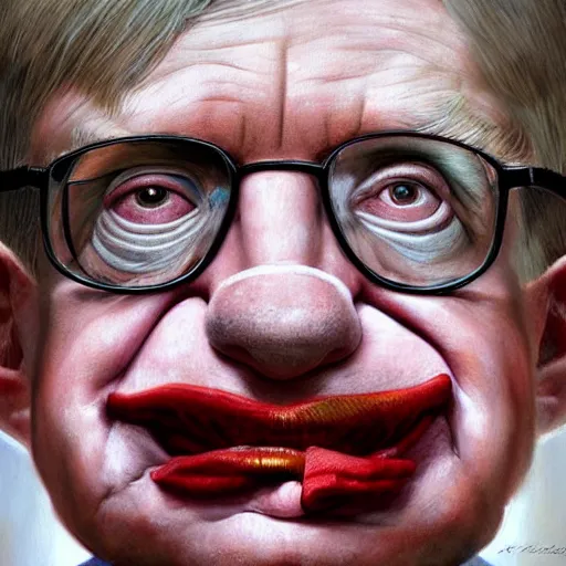 Image similar to UHD hyperrealism painting of Stephen Hawking dressed as a clown, wearing clown makeup, by Antonio Caparo and Ferdinand Knab and Greg Rutkowski, UHD, photorealistic, trending on artstation, trending on deviantart, correct face, real clown makeup