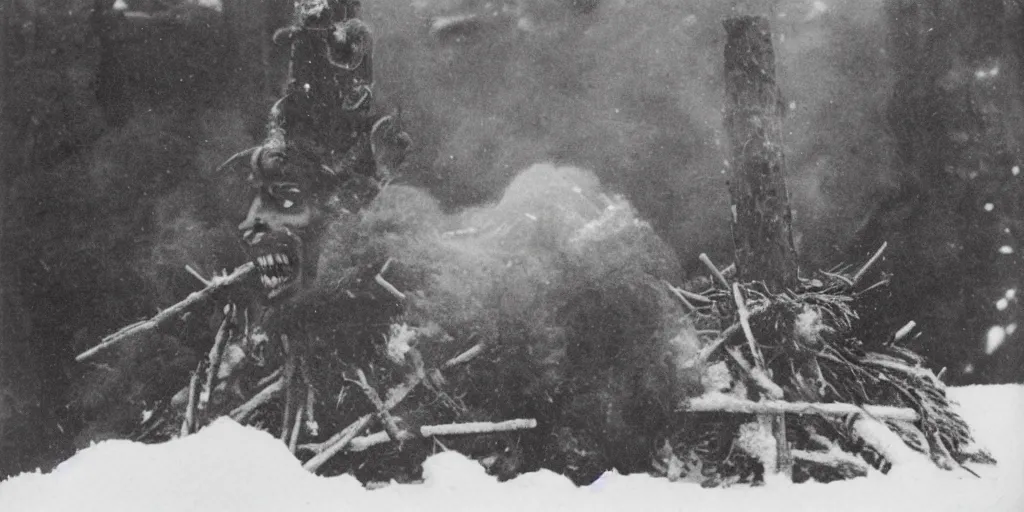 Image similar to 1 9 2 0 s photography of krampus hay monster burning on a pyre, submerged in snow